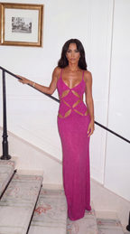 Fuchsia Pink sequin maxi dress, shimmering figure-hugging silhouette