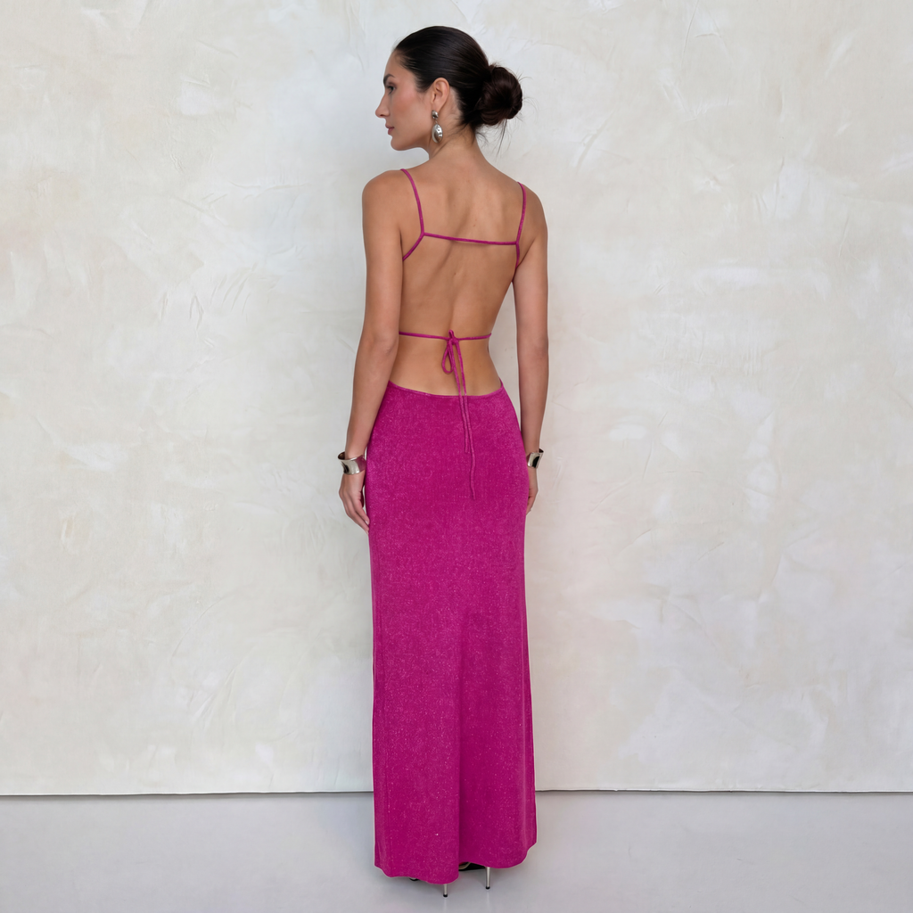Fuchsia Pink sequin maxi dress with an elegant all-over shimmer finish