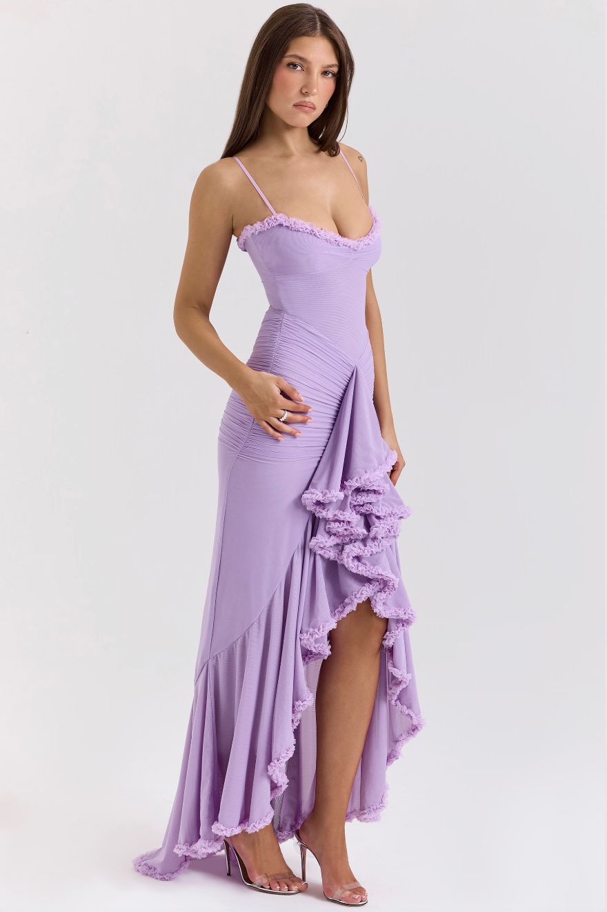 Close-up of the bodycon maxi dress highlighting fluid, lightweight party silhouette.