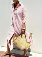 Women's Striped Cotton Collared Shirt Dress for Summer Wear — Pink