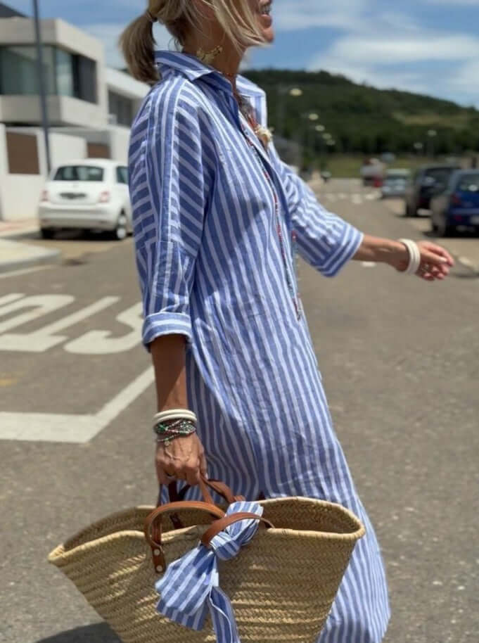 Women's Striped Cotton Collared Shirt Dress for Summer Wear — Blue