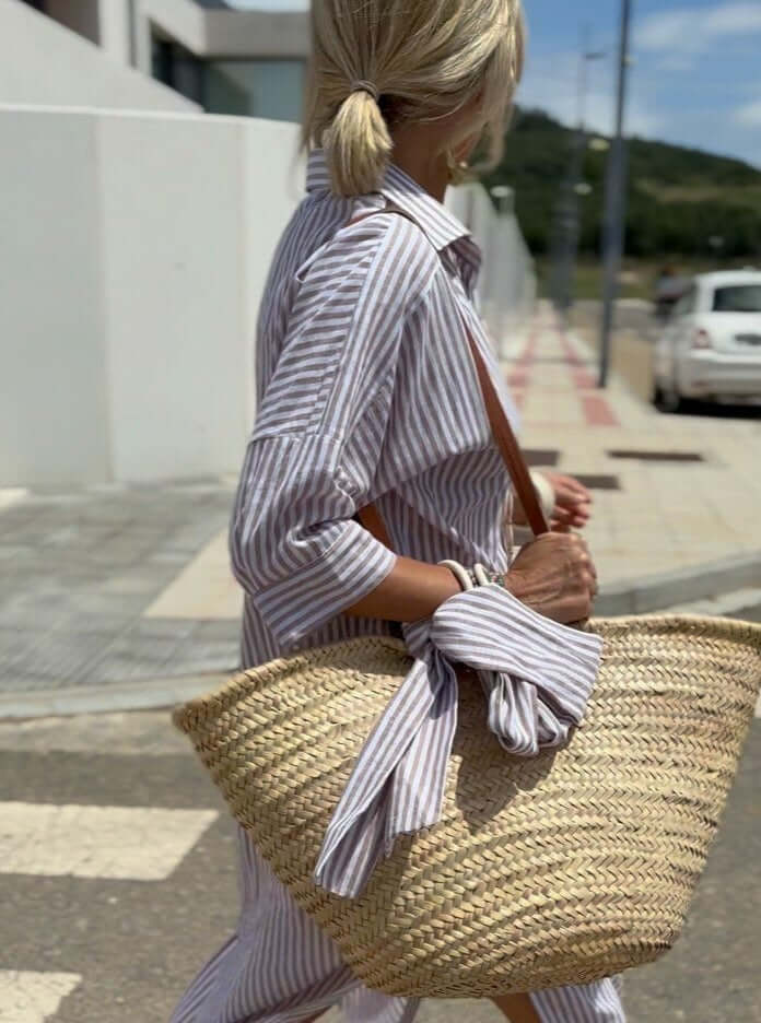 Women's Striped Cotton Collared Shirt Dress for Summer Wear — Grey
