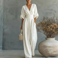 Women's white wide-leg jumpsuit surplice v-neck