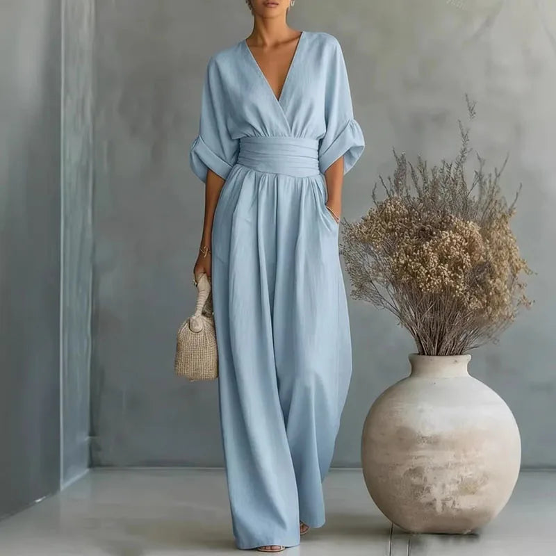 Women's white wide-leg jumpsuit surplice v-neck