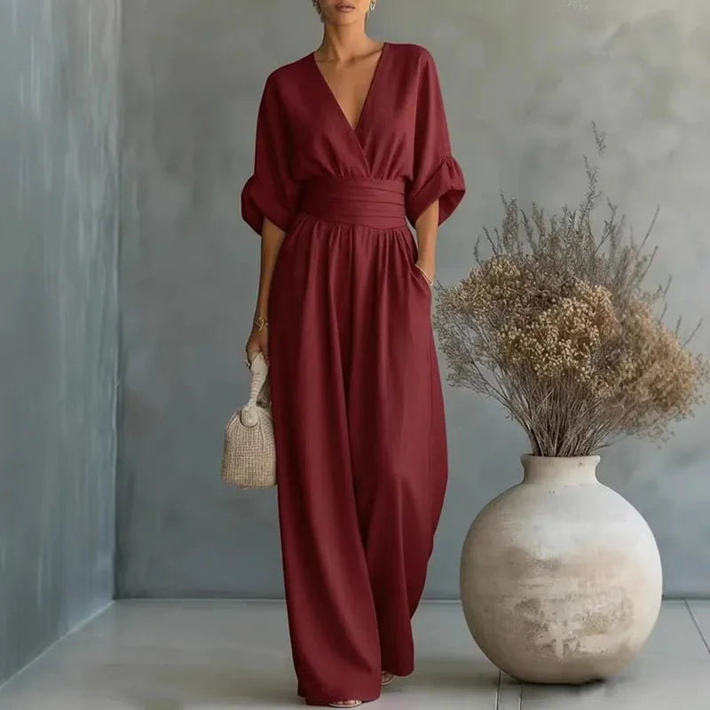 Women's white wide-leg jumpsuit surplice v-neck