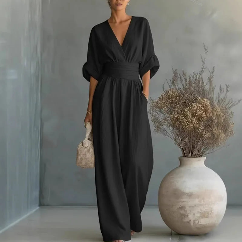 Women's white wide-leg jumpsuit surplice v-neck
