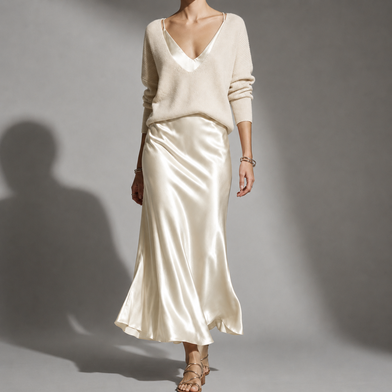 Front view of the Oatmeal jumper and skirt set, styled for an everyday transitional outfit