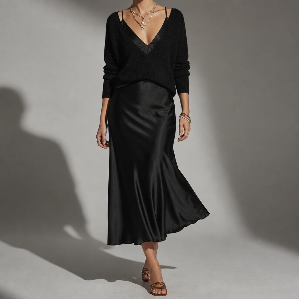 Close-up of the Black jumper and skirt set showing the fabric texture and finish in detail