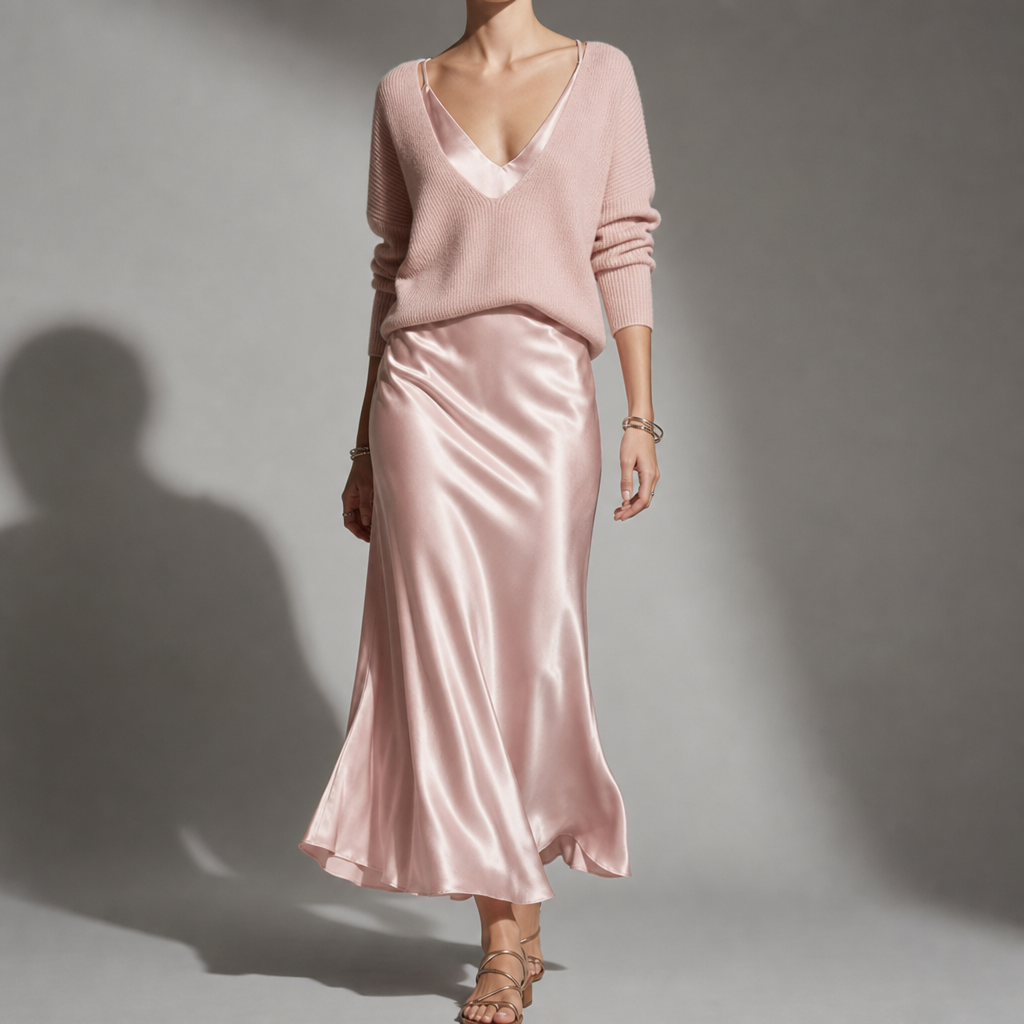 Full outfit look styled around the Baby Pink jumper and skirt set for a polished finish