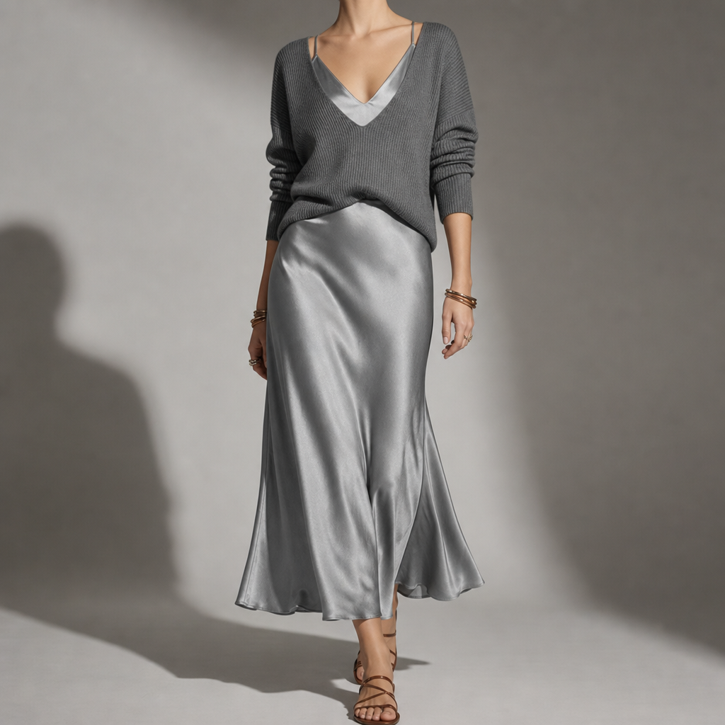 Side angle view of the Grey jumper and skirt set highlighting the overall silhouette