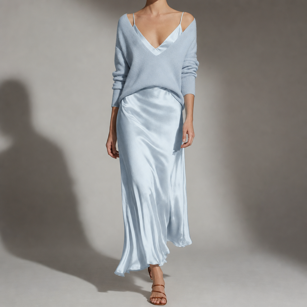 The Light Blue jumper and skirt set photographed from a different angle to show the fit