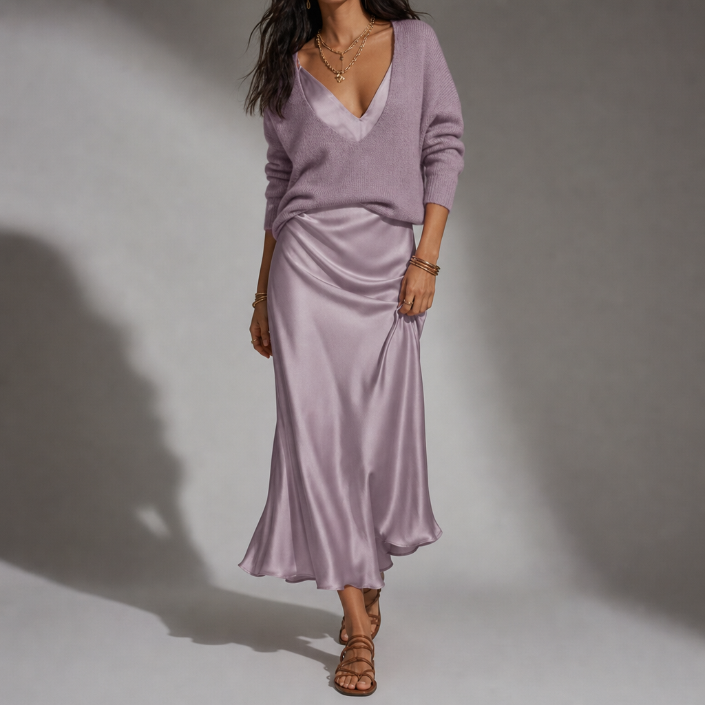Full-length view of the Dusty Lilac jumper and skirt set worn from top to bottom