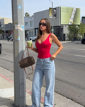 Blue mid rise wide leg jeans, product photo