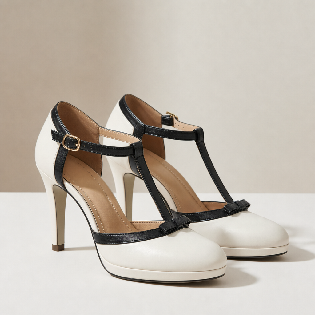 Cream and black T-strap platform heels with bow detail, studio pair shot