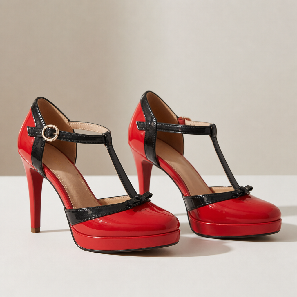 Red and black T-strap platform heels with bow detail, studio pair shot