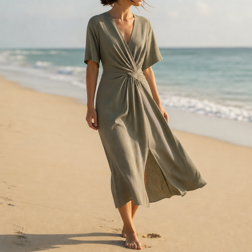 Taupe wrap midi dress worn, showing the fit and overall silhouette.