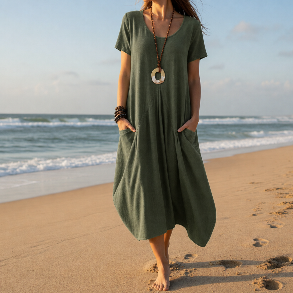Green relaxed midi dress with short sleeves and pockets, front view