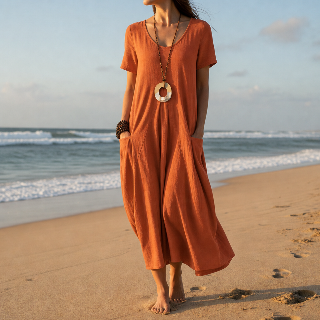 Orange relaxed midi dress with short sleeves and pockets, front view