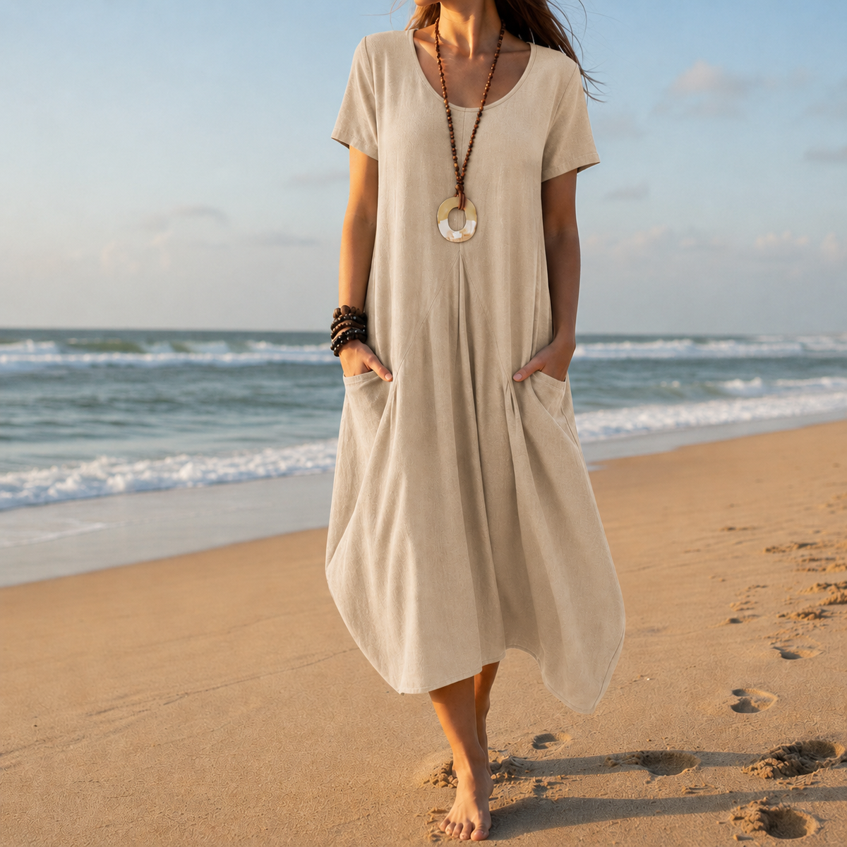 Beige relaxed midi dress with short sleeves and pockets, front view