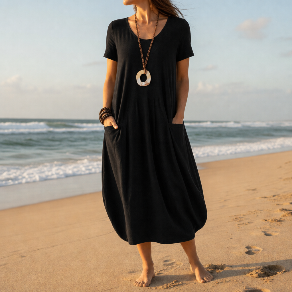Black relaxed midi dress with short sleeves and pockets, front view
