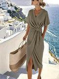 Women's khaki wrap midi dress batwing v-neck twist-front
