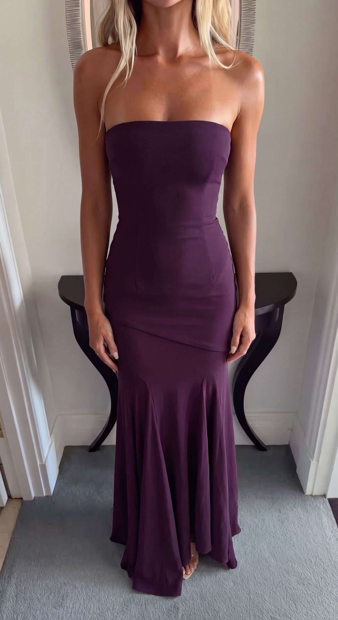 Burgundy women's strapless maxi dress, product photo