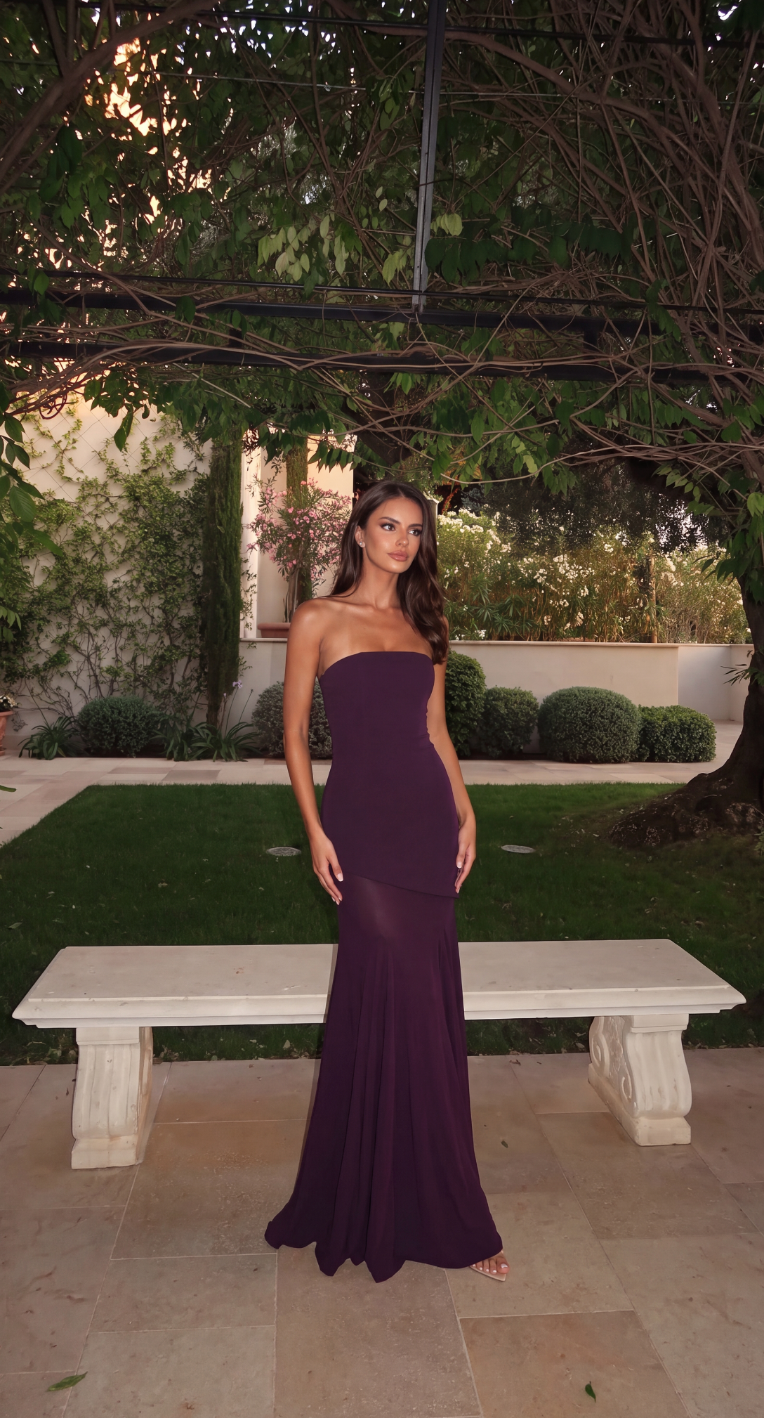 Burgundy women's strapless maxi dress, product photo 3