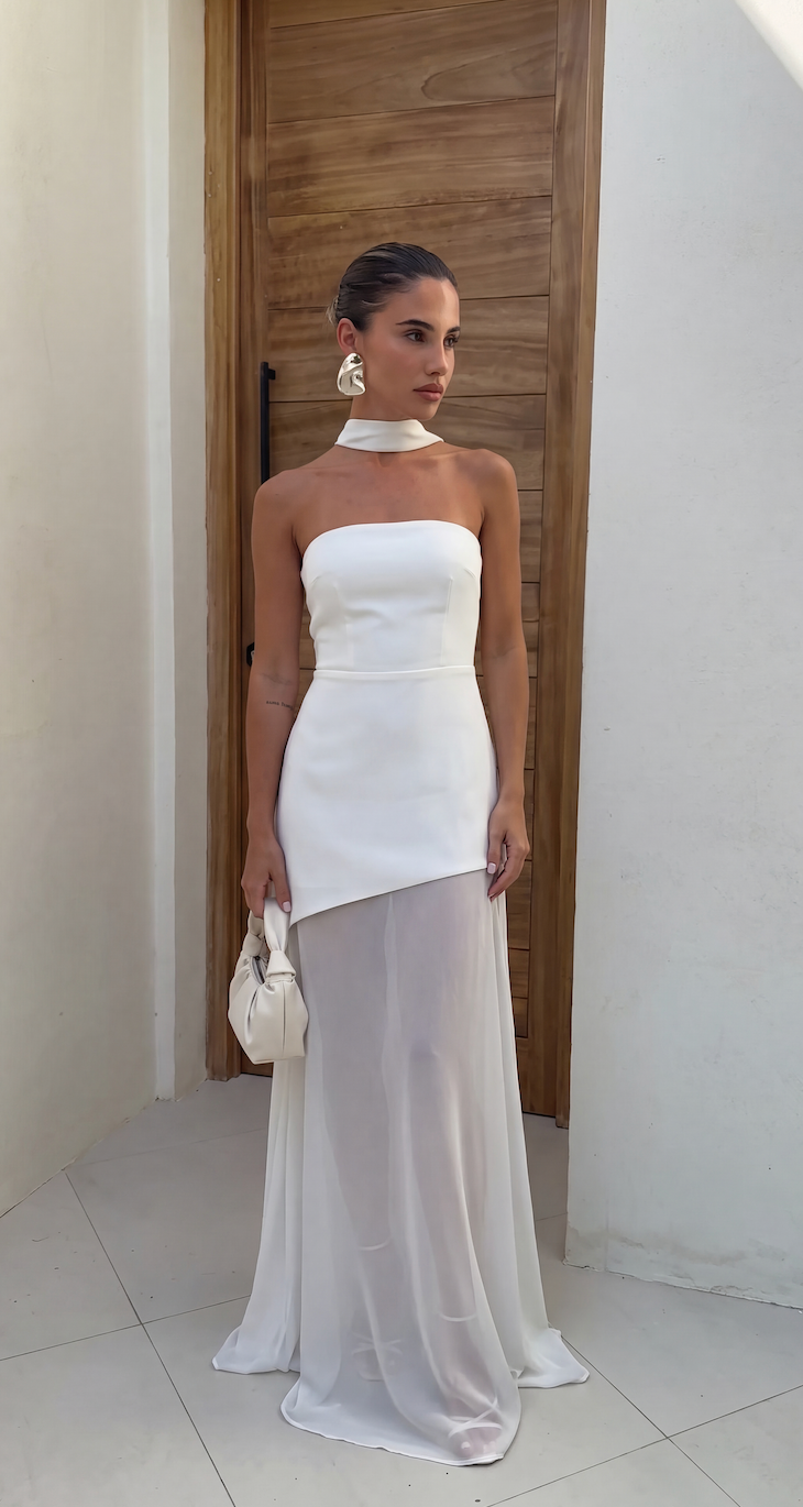 White asymmetrical maxi dress, sheer panel and side slit detail