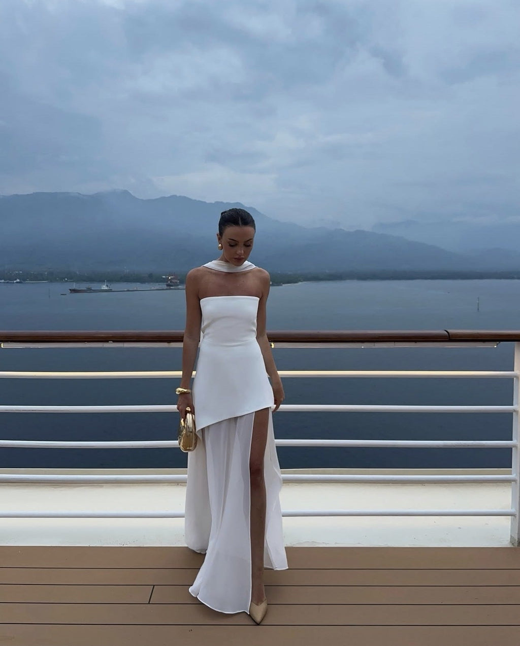 White asymmetrical maxi dress with a detachable neck scarf