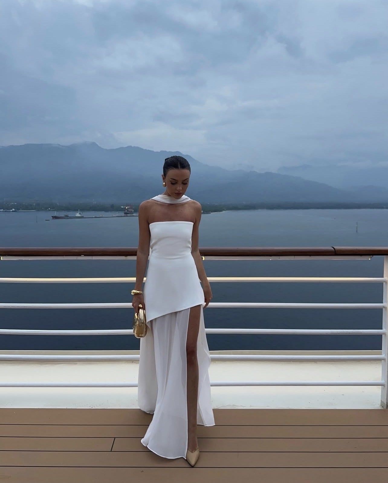 White asymmetrical maxi dress with a detachable neck scarf