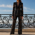 Black sequin lace blazer and flared trouser two-piece set, front view
