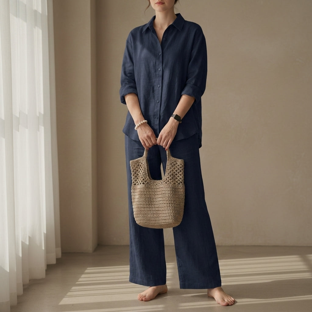 Women's Coastal Linen Shirt and Pant Set in deep navy, product photo
