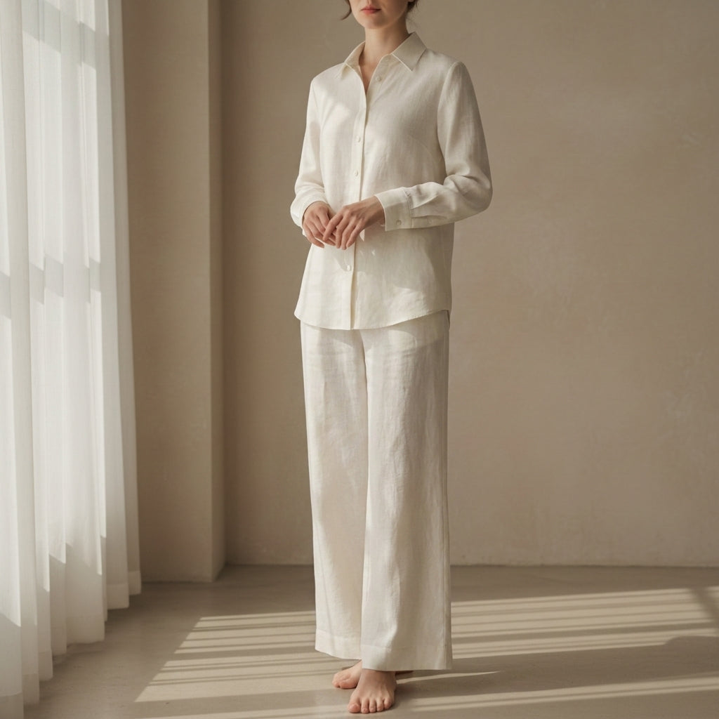 Women's Coastal Linen Shirt and Pant Set in ivory, product photo