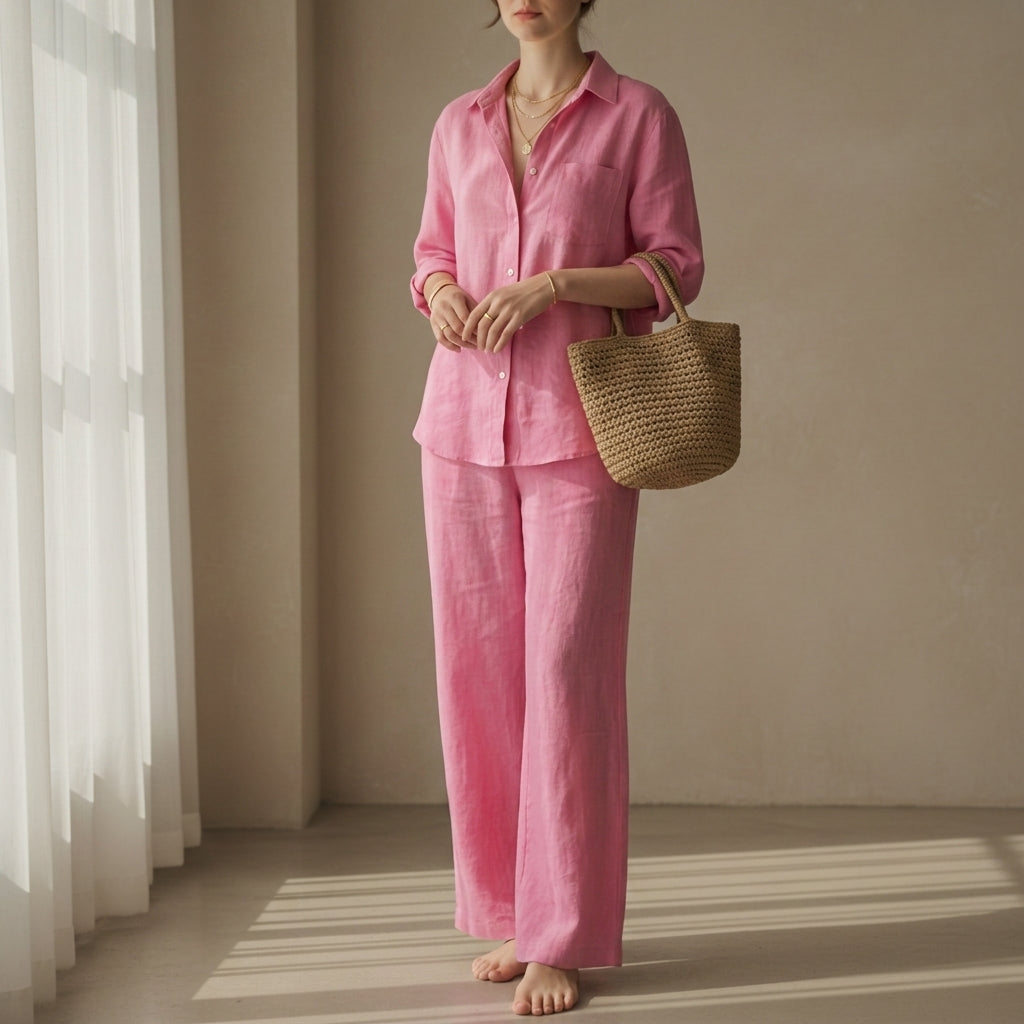 Women's Coastal Linen Shirt and Pant Set in pink, product photo