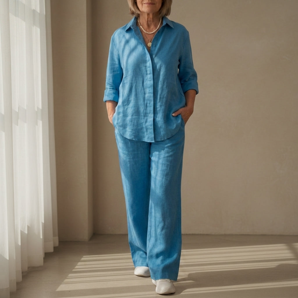 Women's Coastal Linen Shirt and Pant Set in sky blue, product photo