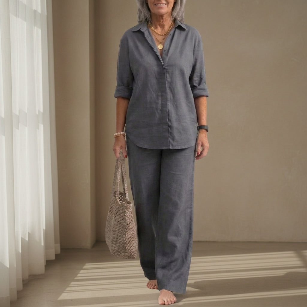 Women's Coastal Linen Shirt and Pant Set in heather grey, product photo