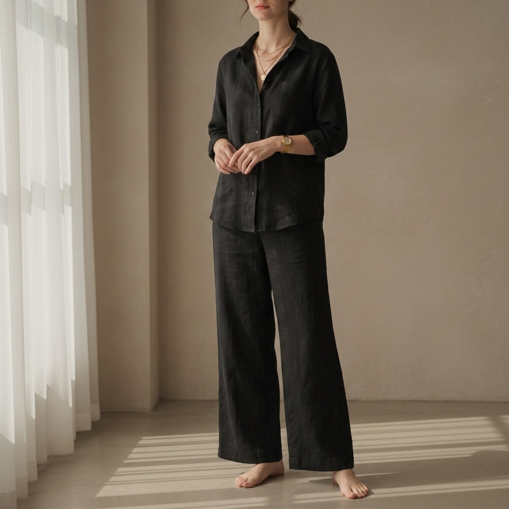 Women's Coastal Linen Shirt and Pant Set in black, product photo
