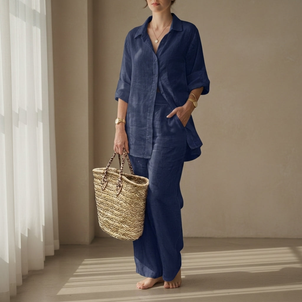 Women's Coastal Linen Shirt and Pant Set in navy, product photo