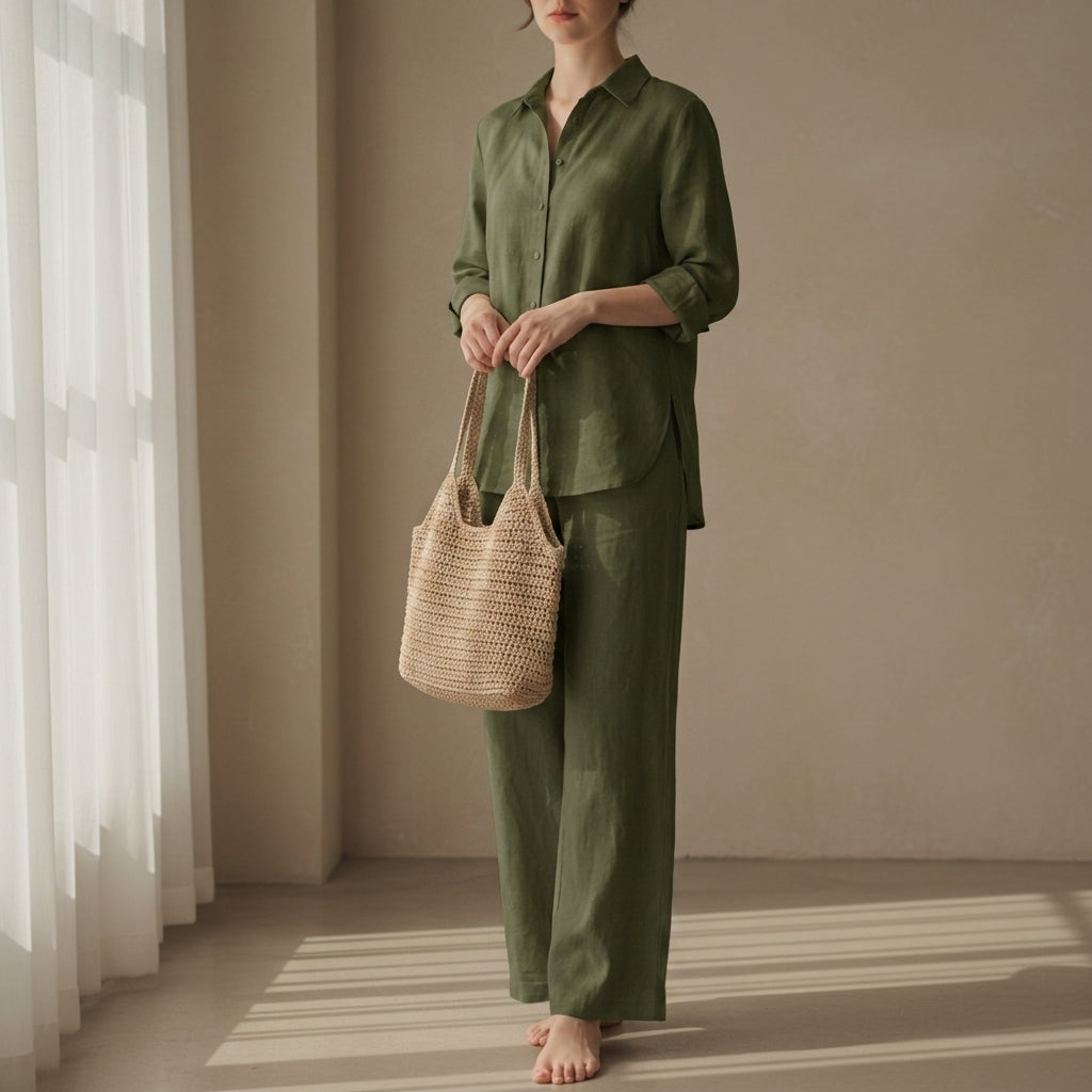 Women's Coastal Linen Shirt and Pant Set in olive green, product photo