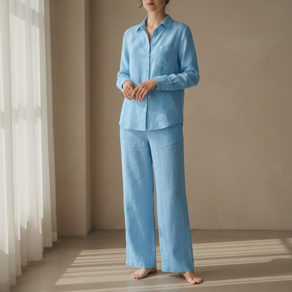 Women's Coastal Linen Shirt and Pant Set in ocean blue, product photo