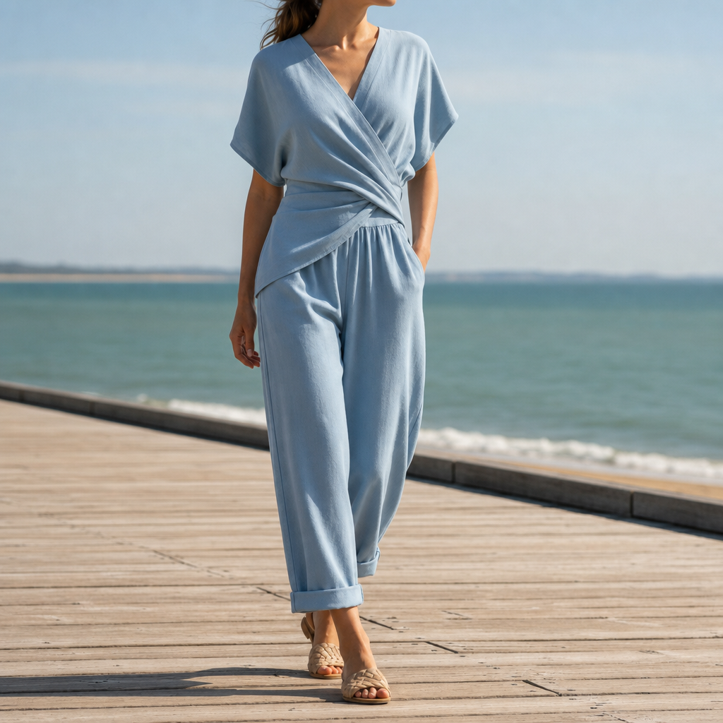 Close-up detail of the Ivory wrap jumpsuit fabric and finish.