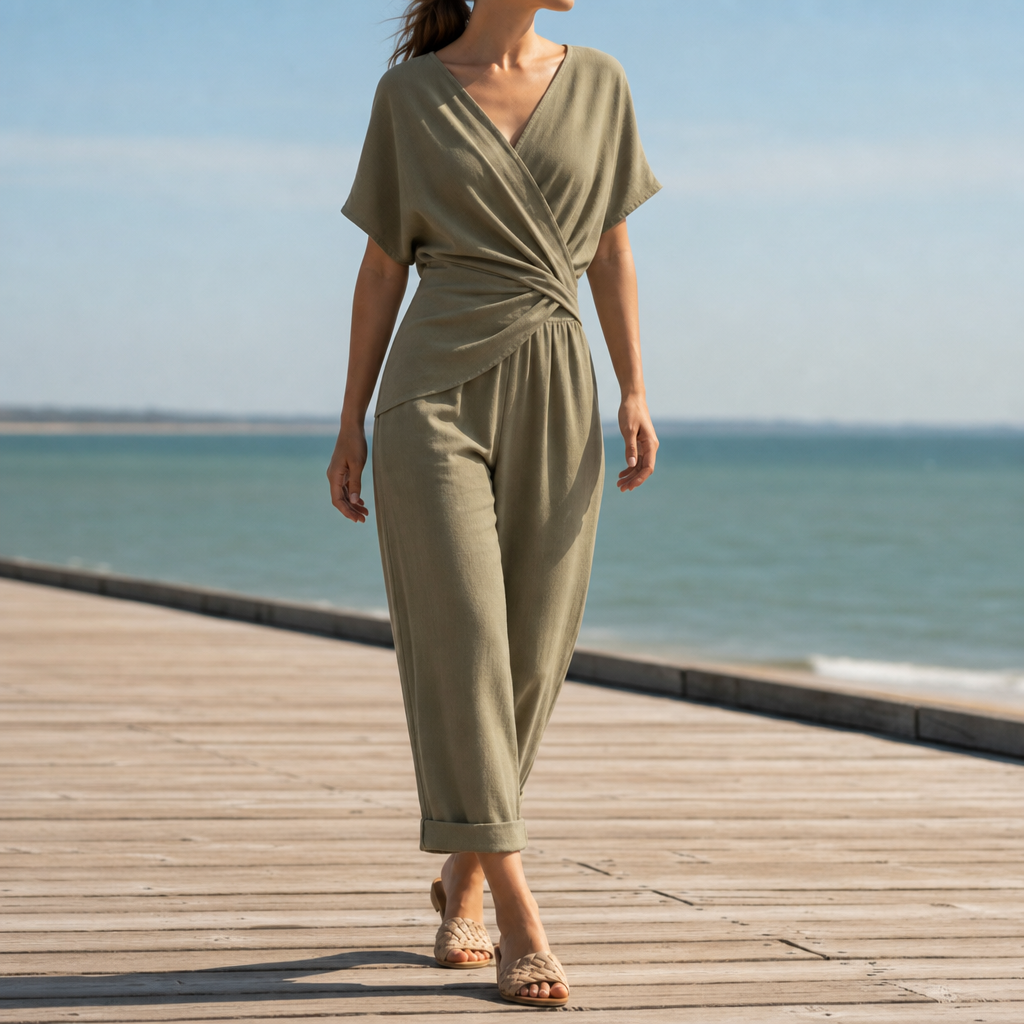 Ivory wrap jumpsuit styled for the transitional season ahead.