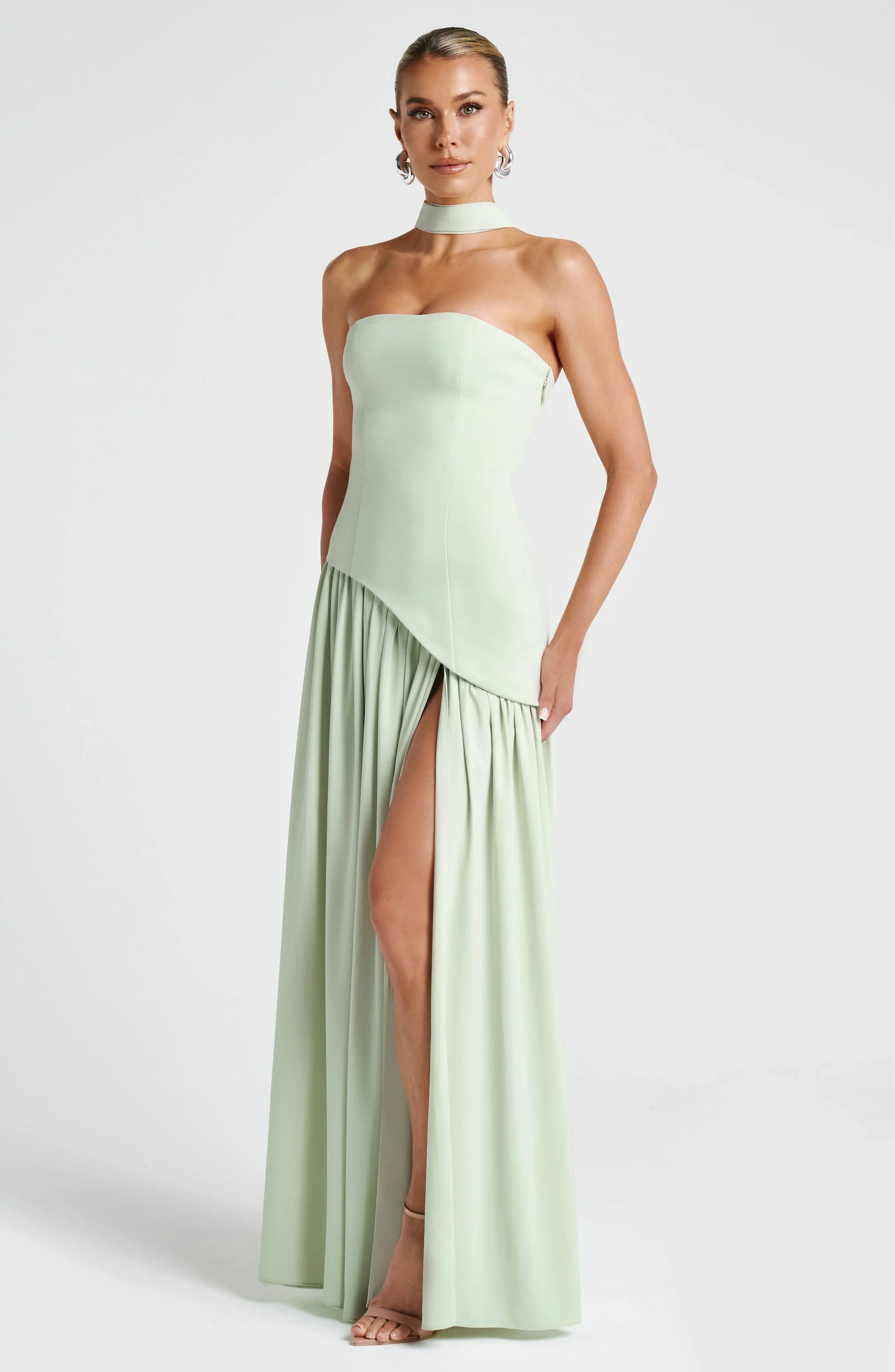 Women’s light green women's strapless maxi dress slit