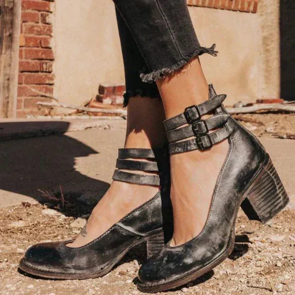 Women's Stacked Block Heel Ankle Boots with Back Zip Closure — Black