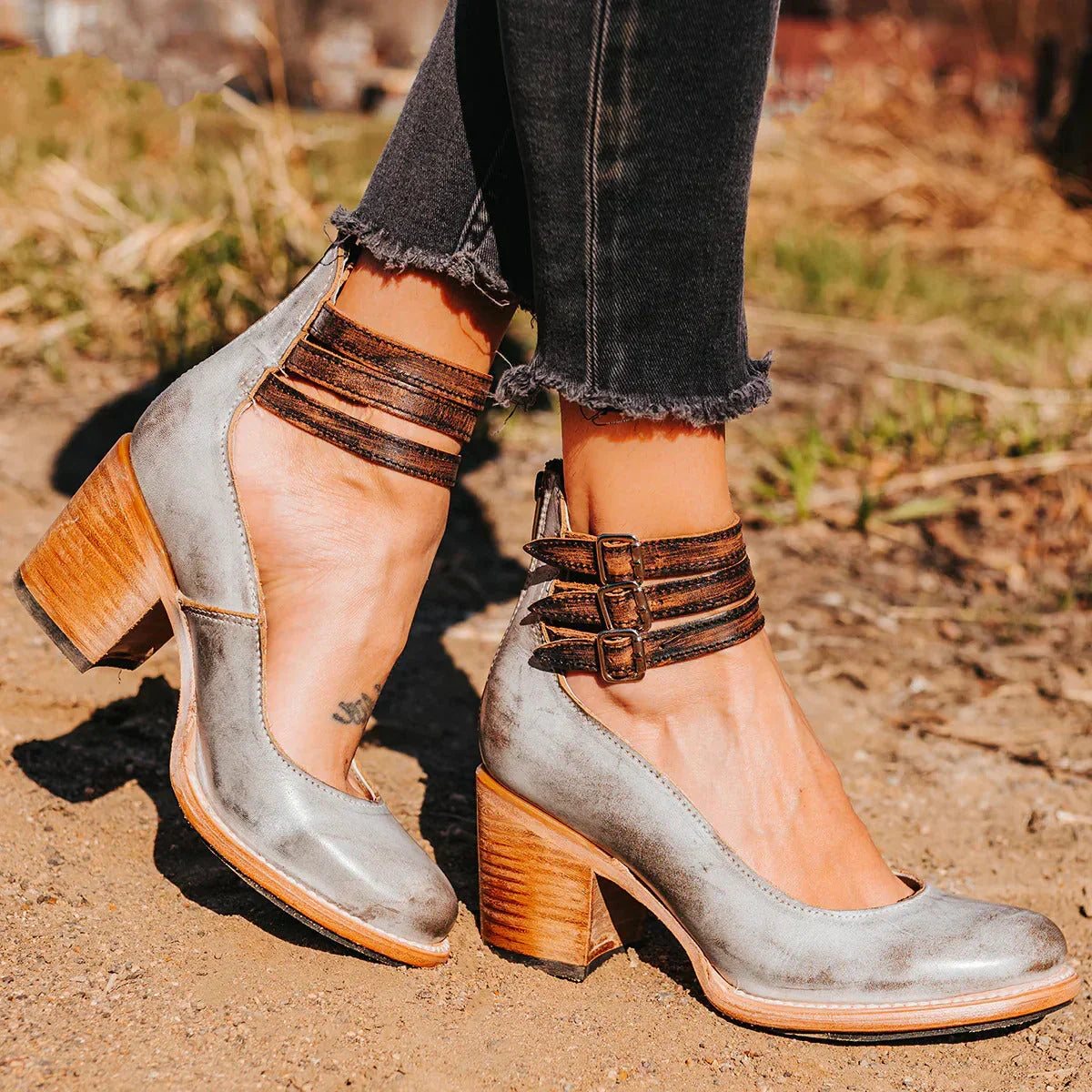 Women's Stacked Block Heel Ankle Boots with Back Zip Closure — Gray