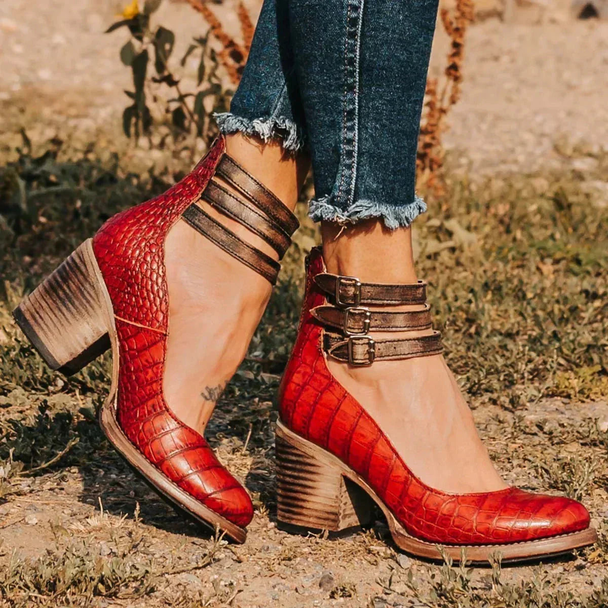 Women's Stacked Block Heel Ankle Boots with Back Zip Closure — Red (Limited Edition)