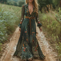 Women's Boho Long Sleeve Floral Maxi Dress with Tiered Skirt — Green