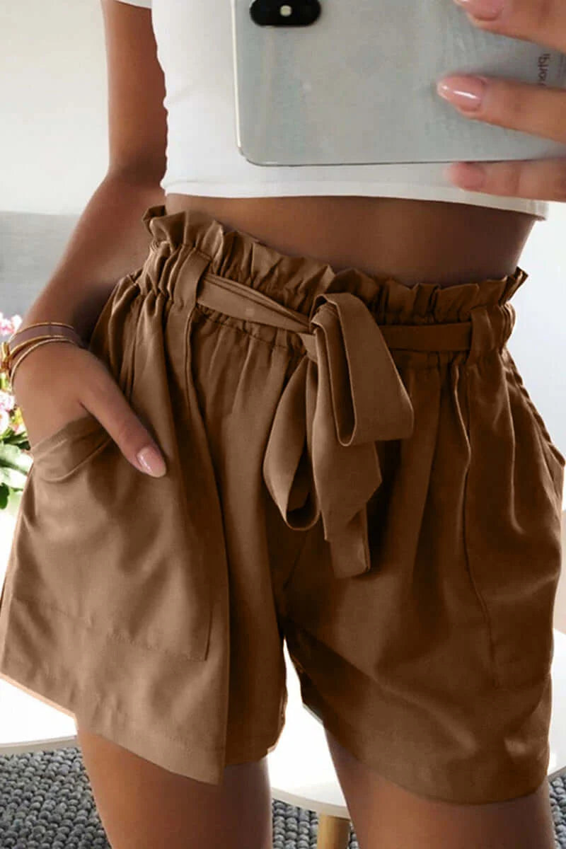Women's Casual Belted High-Waist Shorts for Everyday Wear — Coffee