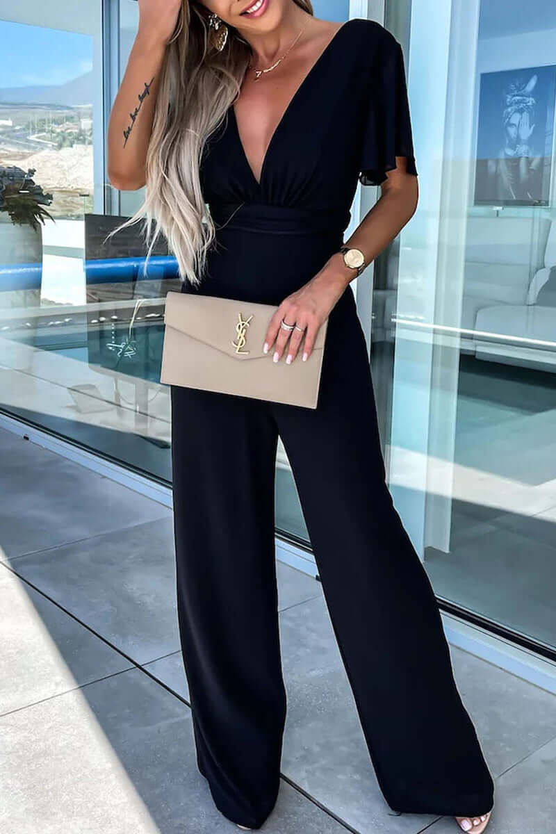 Women's Casual V-Neck Jumpsuit for Everyday Summer Wear — Black