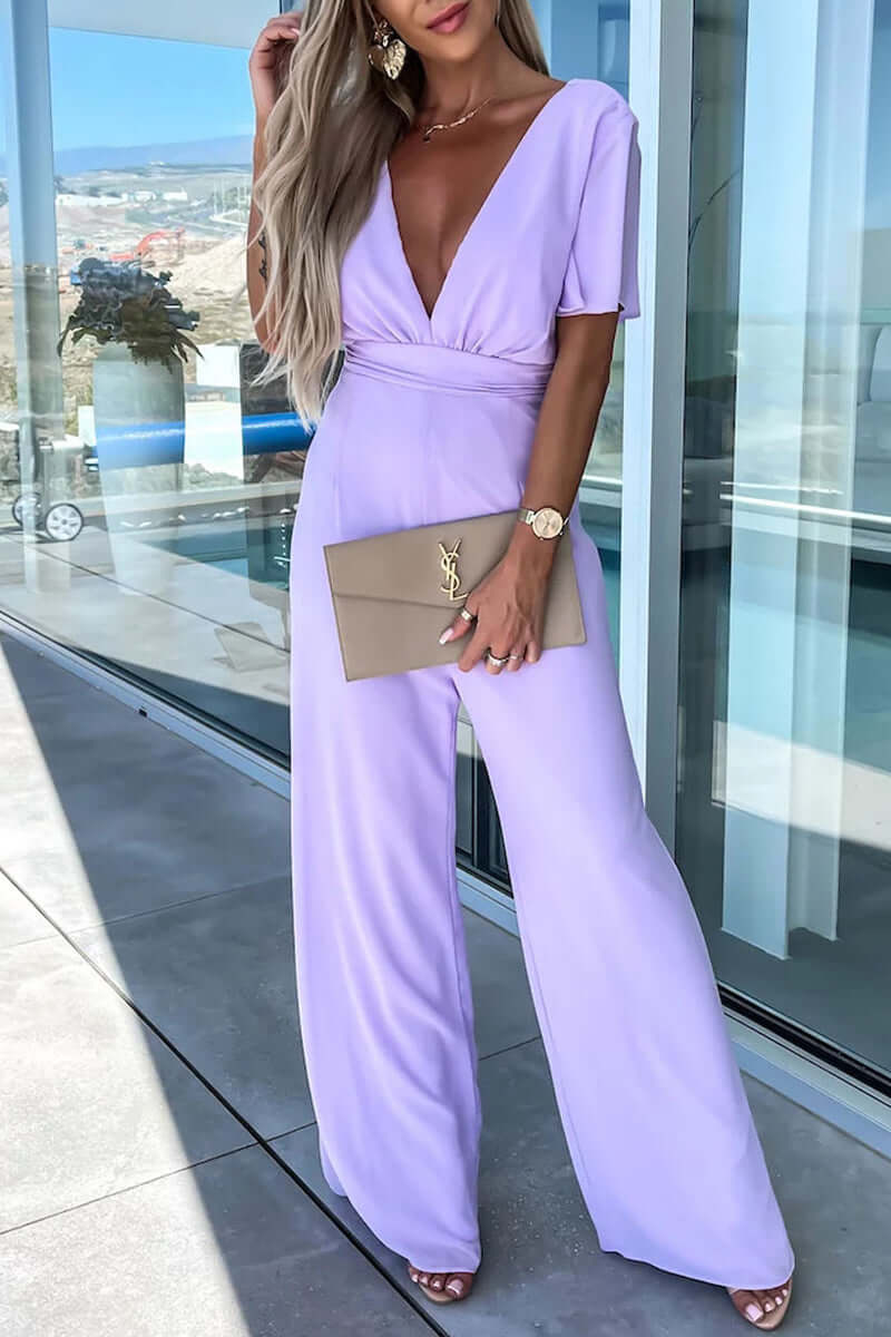 Women's Casual V-Neck Jumpsuit for Everyday Summer Wear — Light Purple